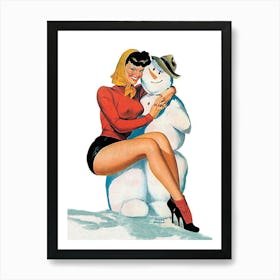 Sexy Pinup Girl Posing With Lucky Snowman Art Print