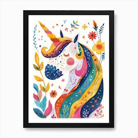 Colourful Unicorn Folky Floral Fauvism Inspired 2 Art Print