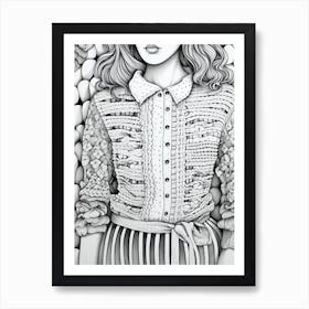 Crochet Cardigan Black And White Illustration Art Print