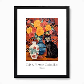 Cats & Flowers Collection Rose Flower Vase And A Cat, A Painting In The Style Of Matisse 5 Art Print