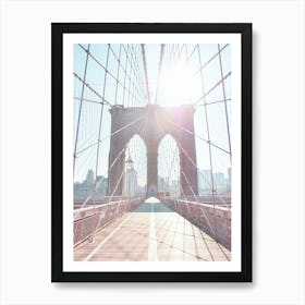 New York, USA I Morning sun on Brooklyn bridge with a symmetrical, minimalist and geometric photography composition in summer pastel blue tones with sunset lighting in a retro vintage aesthetic Art Print