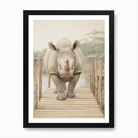 Rhino Walking Across A Wooden Bridge Illustration 2 Art Print