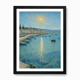 Sun Rises Over The Sea Yacht in Harbor Seascape View Art Print