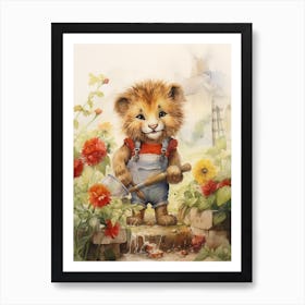 Gardening Watercolour Lion Art Painting 3 Art Print