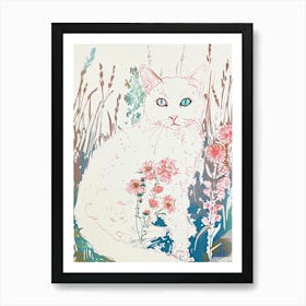 Cute Angora Cat With Flowers Illustration 3 Art Print