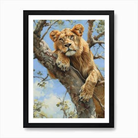 Barbary Lion Climbing A Tree Acrylic Painting 2 Art Print