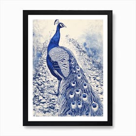 Navy Blue Peacock Linocut Inspired Peacock On A Path 2 Art Print