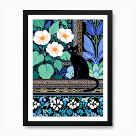 Black Cat With Flowers 11 Art Print