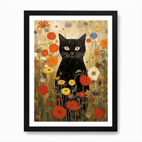 Flower Garden And A Black Cat, Inspired By Klimt 8 Art Print