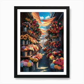 Lofi Anime Art: Vibrant urban flower stall overflowing with colorful bouquets in a bustling market. Perfect for cheerful and lively vibes. Art Print