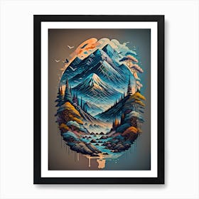 Colorful Fantasy Blue Mountain Painting Art Print