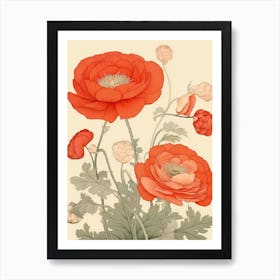 Great Wave With Ranunculus Flower Drawing In The Style Of Ukiyo E 3 Art Print