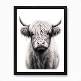 Black & White Illustration Of Young Highland Cow 2 Art Print