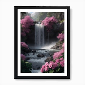 Waterfall With Pink Flowers Art Print