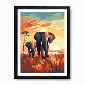 Elephants At Sunset Art Print