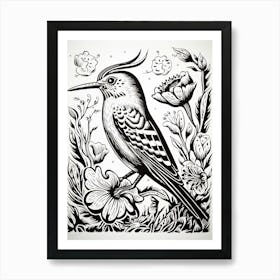B&W Bird Linocut Hoopoe 1 Art Print