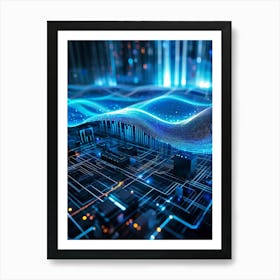 Abstract Cyber Security Theme With Geometric Dots And Lines Forming A Network Like Grid Blue And N Art Print