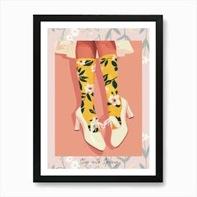 Step Into Spring Woman Step Into Spring White Shoes With Flowers 1 Art Print