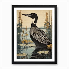 Vintage Bird Linocut Common Loon 1 Art Print