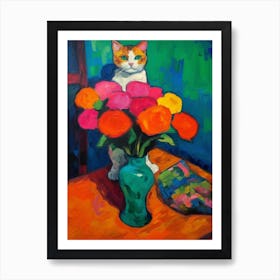 Gladoli With A Cat 4 Fauvist Style Painting Art Print