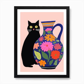 Black Cat With Flowered Vase Art Print