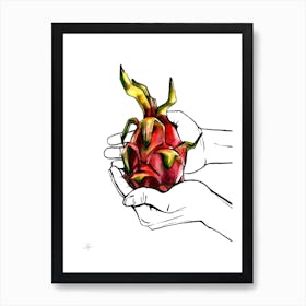 Watercolor and Ink Exotic Fruit illustration Holding in Hands Tropical Dragon Fruit Pitahaya Art Print