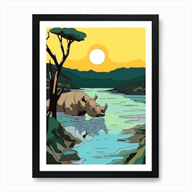 Rhino Bathing In The River Simple Illustration 3 Art Print