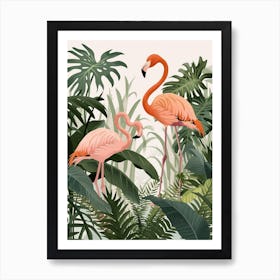 Lesser Flamingo And Philodendrons Minimalist Illustration 1 Art Print