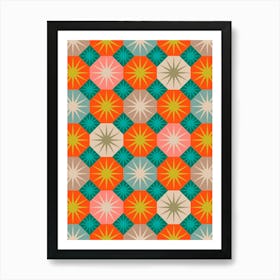 HAIRCAP MOSS Stylized Geometric Botanical Octagon Tile in Turquoise Teal Orange Pink Citrine Beige Art Print