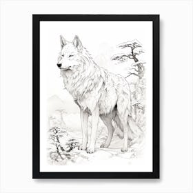 Japanese Wolf Line Drawing 3 Art Print