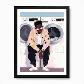 Man Sitting Next To Washing Machines Art Print