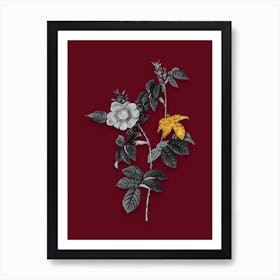 Vintage Dog Rose Black and White Gold Leaf Floral Art on Burgundy Red n.0268 Art Print