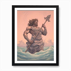  Drawing Of Poseidon Standing On An Ocean Wave 2 Art Print