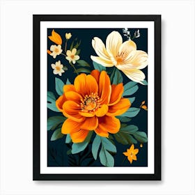 Orange Flowers On A Black Background 1 Art Print