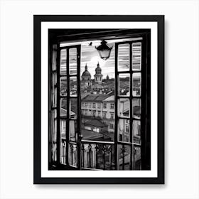 A Window View Of Prague In The Style Of Black And White  Line Art 2 Art Print