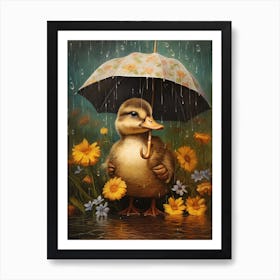Duck With An Umbrella & Flowers Painting 2 Art Print