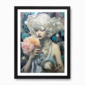 Woman Holding A Flower And A Disco Ball Art Print