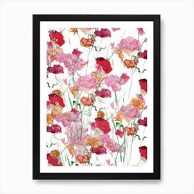 Poppies and Rose Print Pink and Red Art Print