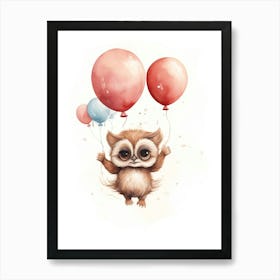 Baby Owl Flying With Ballons, Watercolour Nursery Art 4 Art Print