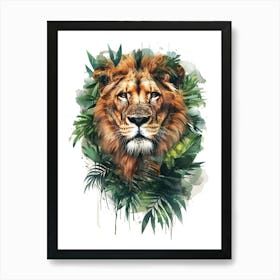 Double Exposure Realistic Lion With Jungle Art Print