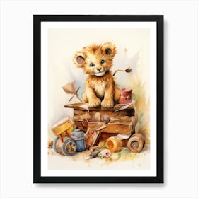 Playing With Wooden Toys Watercolour Lion Art Painting 1 Art Print