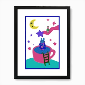 Zodiac Rabbit And Moon blue Art Print