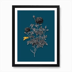 Vintage Burgundy Cabbage Rose Black and White Gold Leaf Floral Art on Teal Blue n.0881 Art Print