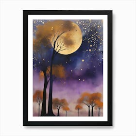 Cosmic Fall Night،
An ethereal boho painting that captures the beauty of a fall night sky. The background is a deep navy, speckled with tiny stars, while the foreground features silhouettes of autumn trees in shades of charcoal and dark olive. The moon is painted in a glowing silver, surrounded by soft wisps of mist in pale gold and lavender.
.13 Art Print