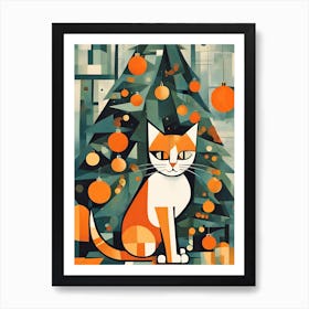 Cat with Christmas Tree and Oranges Cubism Art Print