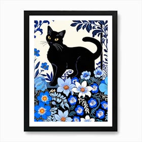 Black Cat In Blue Flowers 1 Art Print