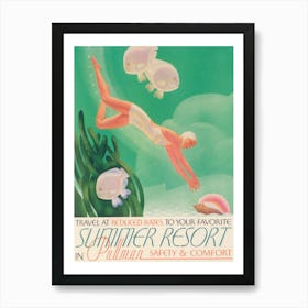 Woman Diving for Seashells Vintage Travel Poster Art Print