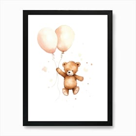 Baby Bear Flying With Ballons, Watercolour Nursery Art 1 Art Print