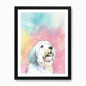 Old English Sheepdog Pastel Line Watercolour Illustration  3 Art Print