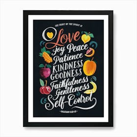 Bible Verse, Galatians 5:22-23, The fruit of the Spirit is Love, Joy, Peace, Patience, Kindness, Goodness, Faithfulness, Gentleness, Self-Control, Chalkboard drawing, Christian Art Art Print